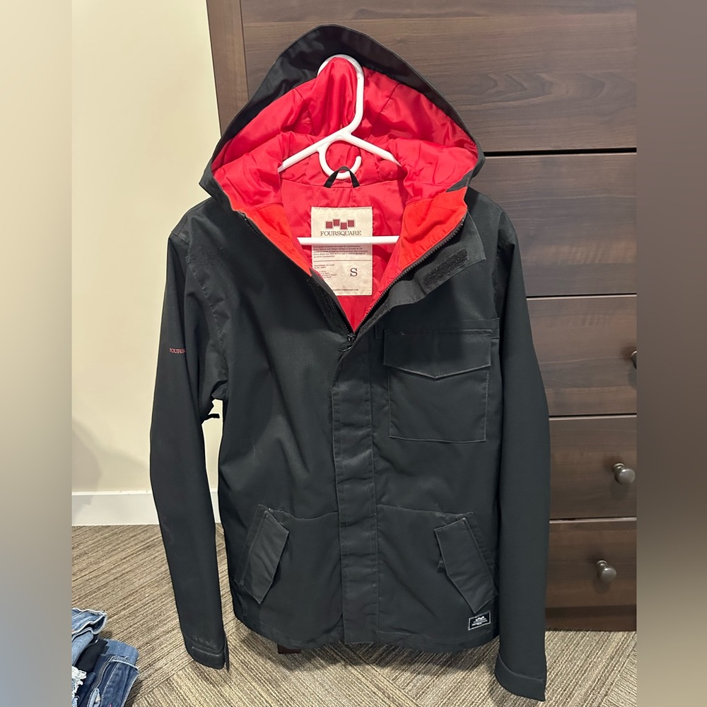 Men's Foursquare Black Ski Jacket with Red Hood